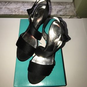 Bouquets black satin-like strappy heels